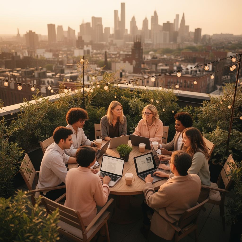A curated circle of founders and creatives meeting on a rooftop overlooking the city